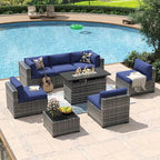 Aoxun 8 Piece Patio Furniture Set with 44” Fire Pit Table Paito Conversation Set Wicker Rattan Outdoor Sectional Sofa Set with Waterproof Cover and Thickened Cushions (Grey/Blue)