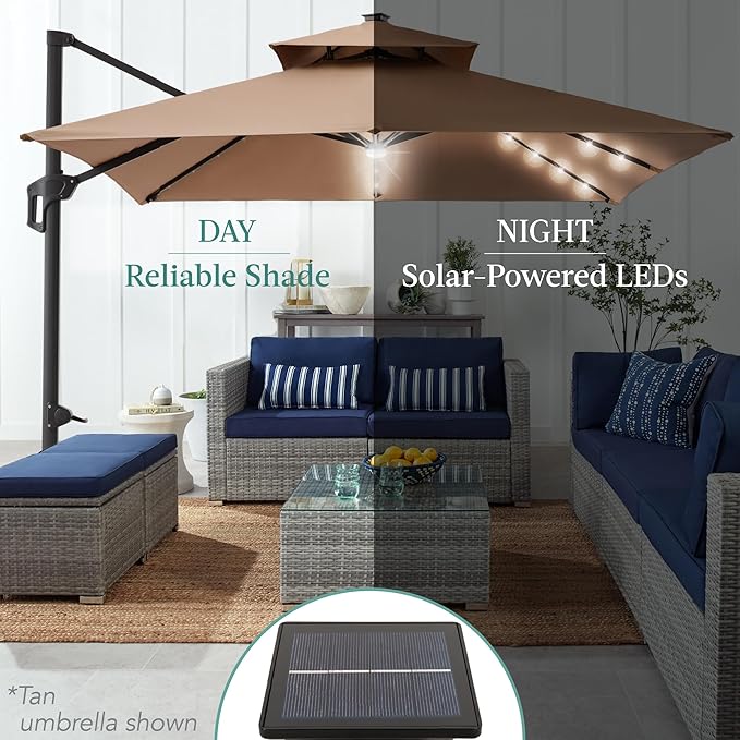 Best Choice Products 10x10ft Cantilever Patio Umbrella w/Base Included, Solar LED Lights 360 Rotation Large Offset Hanging Outdoor Shade for Deck Pool Backyard w/Stand – Resort Blue