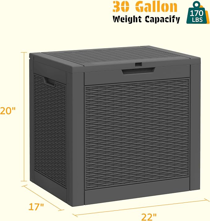 30 Gallon Rattan Black Resin Deck Box with Lockable Lid
