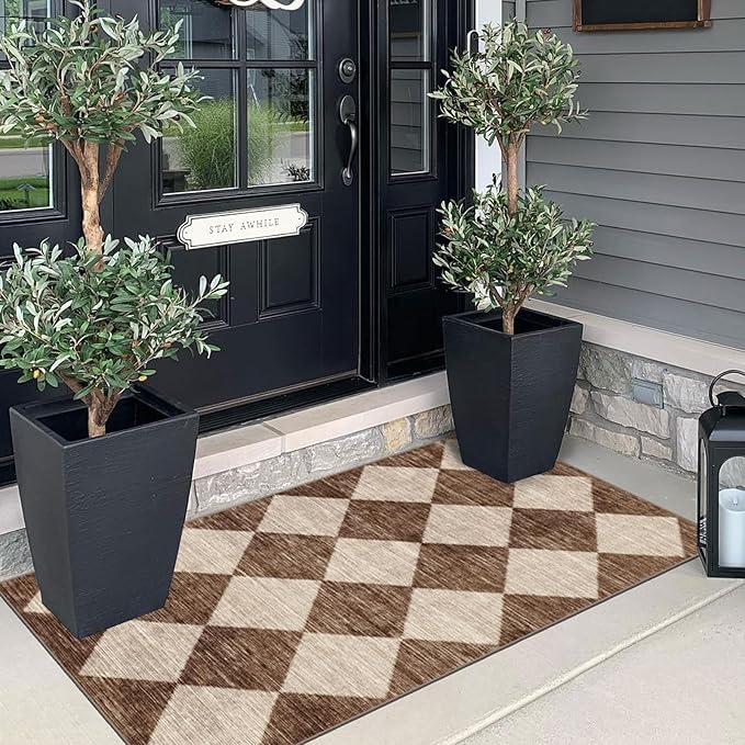 Outdoor Rug, Checkered Brown and Beige Entryway Mat, 2 x 4 Ft 3 In