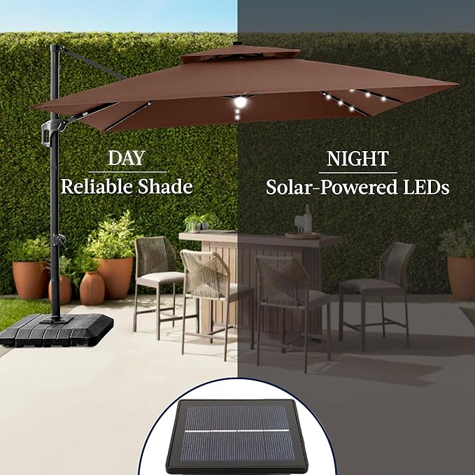 Best Choice Products 9x12ft LED Cantilever Patio Umbrella w/Base Included & 360° Rotation, Large Solar Offset Hanging Outdoor Sun Shade for Deck, Backyard Table w/Stand & Lights – Brown
