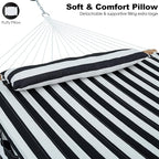 2 Person Hammocks for Outside, Double Quilted Fabric Outdoor Hammock with Spreader Bar, Large Removable Pillow, Storage Pockets, Carabiners, Max 475 lbs Capacity (Black White)