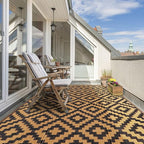 SAND MINE Waterproof Outdoor Rug 4x6 ft, Plastic Straw Area Rug, Large Floor Mat for Outdoors, RV, Patio, Backyard, Deck, Picnic, Beach, Trailer, Camping, Black & Brown Lattice