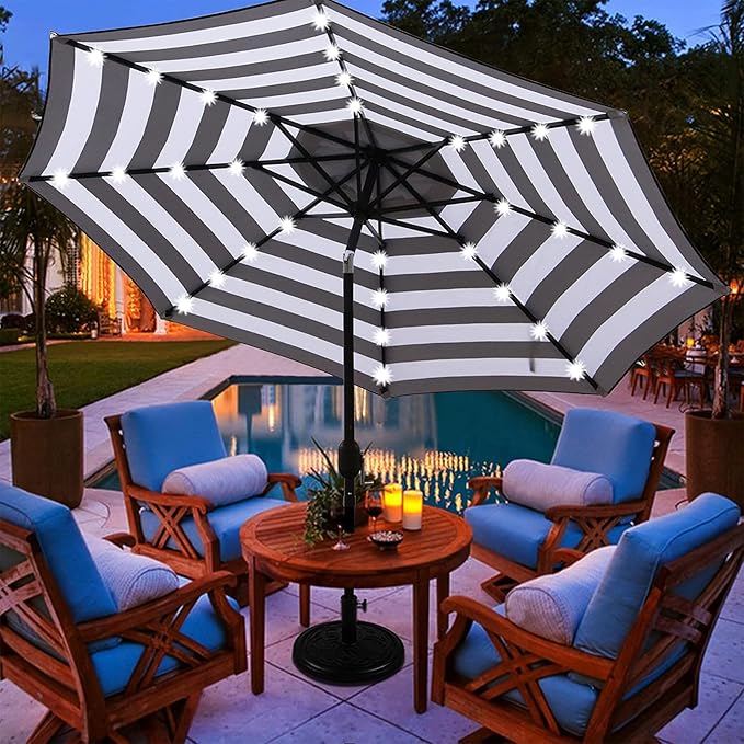 Blissun 9 ft Solar Umbrella 32 LED Lighted Patio Umbrella Table Market Umbrella with Tilt and Crank Outdoor Umbrella for Garden, Deck, Backyard, Pool and Beach (Black and White)