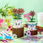 Funnymoom 36 Pcs Garden Plastic Paintable Flower Pot Craft Kit DIY Painting Flower Pots with Watercolor Stickers Pipe Cleaners Growing Kits for Home Spring Summer Mother's Day Fun Activity (Cute)