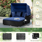 ORALNER Outdoor Daybed, 2-Person Wicker Patio Sofa with Retractable Canopy, Cushions & Pillows, 2 Side Trays, PE Rattan Sunbed Double Lounger for Deck Poolside Garden Balcony (Navy)