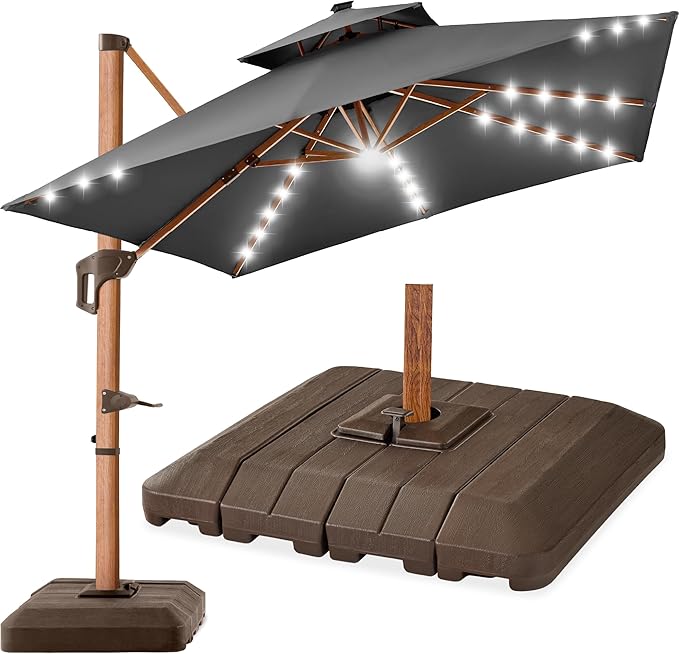 Best Choice Products 10ft Square Cantilever Patio Umbrella w/Base Included, Woodgrain Pattern Pole & Solar LED Lights, 360-Rotation, Offset Hanging Outdoor Shade - Gray
