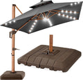 Best Choice Products 10ft Square Cantilever Patio Umbrella w/Base Included, Woodgrain Pattern Pole & Solar LED Lights, 360-Rotation, Offset Hanging Outdoor Shade - Gray