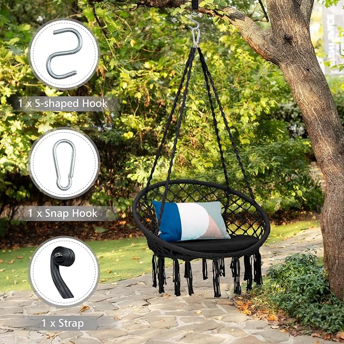 Hammock Chair with Removable Cushion, Black Macrame Hanging Swing