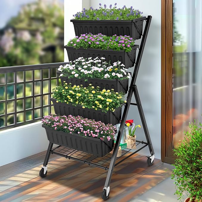 Homdox 5-Tier Vertical Garden Bed with Lockable Caster Wheels and Storage Rack - 4FT Vertical Raised Bed with 5 Garden Planter Boxes- Perfect to Grow Vegetables Herbs Flowers Indoor(Black)