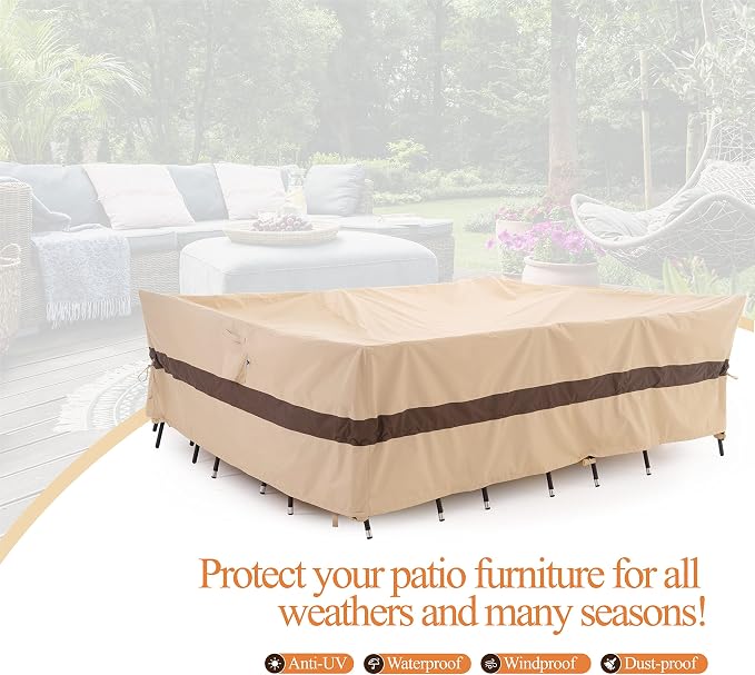 WJ-X3 Large Beige & Coffee Heavy-Duty Patio Table Cover, Waterproof, - Image 7