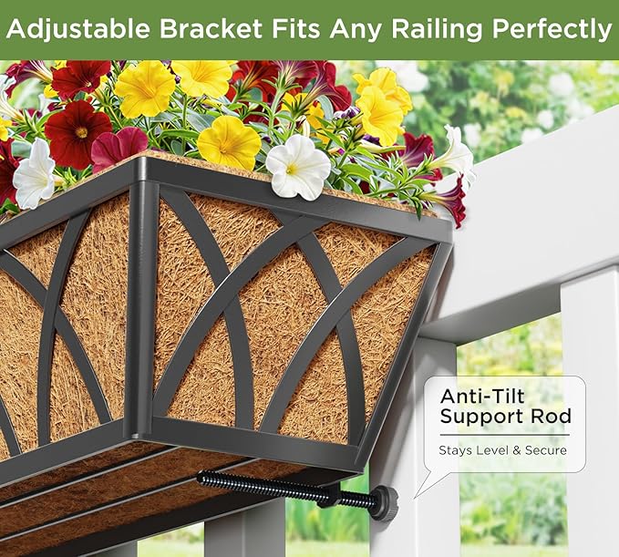 Y&M 24 Inch Window Deck with Coco Liner, Fence Metal Hanging Flower Planter Window Basket Deck Railing Planter Boxes for Outdoor Garden Lawn,6pcs