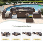 Aoxun 8 Piece Patio Furniture Set with 44” Fire Pit Table Wicker Rattan Outdoor Sectional Sofa Set with Coffee Table and Thickened Cushions, Gray (Waterproof Cover Included)