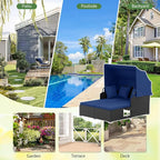 ORALNER Outdoor Daybed, 2-Person Wicker Patio Sofa with Retractable Canopy, Cushions & Pillows, 2 Side Trays, PE Rattan Sunbed Double Lounger for Deck Poolside Garden Balcony (Navy)