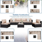 Shintenchi 7 Pieces Outdoor Patio Sectional Sofa Couch, Wicker Furniture Conversation Sets with Washable Cushions & Glass Coffee Table for Garden, Poolside, Backyard (Khaki)