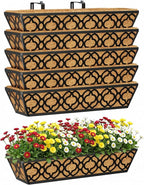 Y&M 24 Inch Window Deck with Coco Liner, Fence Metal Hanging Flower Planter Window Basket Deck Railing Planter Boxes for Outdoor Garden Lawn,6pcs