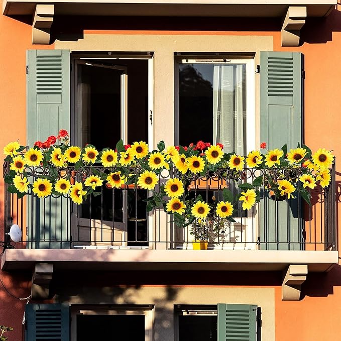 Artificial Sunflower Garland, 7.5 Ft Green Silk Vines, 12 Pack