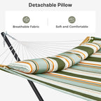 SUPERJARE Hammock with Stand, 2 Person Heavy Duty Hammock with Padded Cotton, Detachable Pillow & Strong Curved-Bar & Portable Carrying Bag, Perfect for Outdoor & Indoor, Retro Green