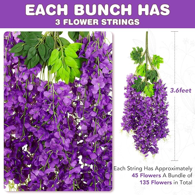 Artificial Wisteria Vines 75 Pack, Purple Silk Hanging Flowers