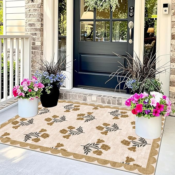 Outdoor Rug 3x5 Beige Floral Entry Mat, Washable Polyester