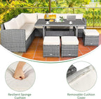 Tangkula 7 Pieces Patio Furniture Set, Outdoor Sectional Rattan Dining Sofa Set with Cushions, All Weather Wicker Conversation Couch Set with Dining Table & Ottomans for Yard Garden Poolside, White