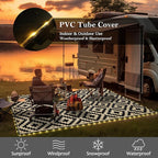 SAND MINE Reversible Mats with Led Strip Lights, Plastic Straw Rug, Modern Area Rug, Large Floor Mat for Outdoors, Patio, Backyard, Deck, Picnic, Camping, Black & Beige, 5' x 8'