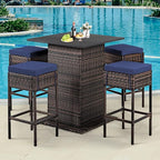 Tangkula 5 Piece Outdoor Rattan Bar Set, Patio Bar Furniture with 4 Cushions Stools and Smooth Top Table with Hidden Storage Shelf, Outdoor Conversation Set for Poolside, Backyard, Lawn (Navy Blue)