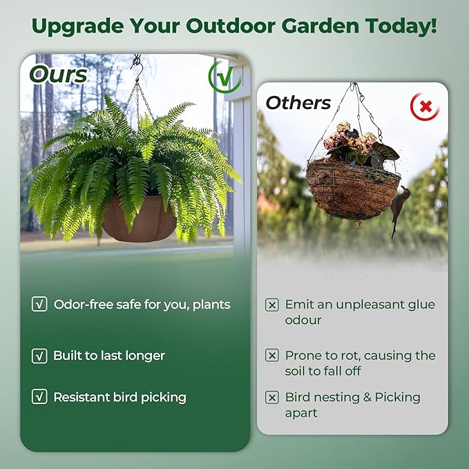 T4U Hanging Planters for Outdoor Plants, 12 Inch 4 Pack Fabric Hanging Baskets with Drainage Tray, Decorative Hanging Pots for Plants Outdoor Patio Porch Garden Use（Brown）