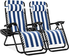 Best Choice Products Set of 2 Adjustable Steel Mesh Zero Gravity Lounge Chair Recliners w/Pillows and Cup Holder Trays - Mediterranean Blue Striped