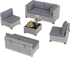 6-Seat Modular Patio Furniture Set – Outdoor Wicker Sectional Sofa with Thick 4″ Cushions, Dual-Strand PE Rattan, Rust-Resistant 18 mm Steel Frame, Backyard Garden Deck Lounge,Gray