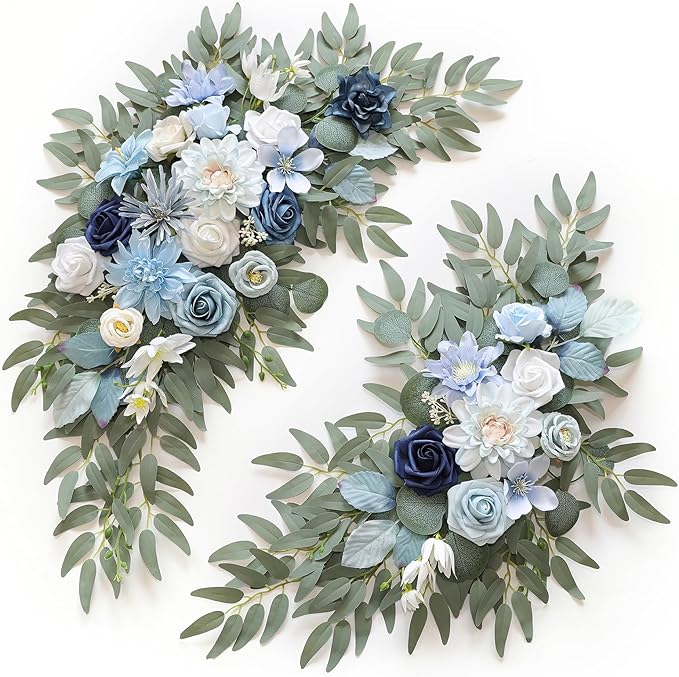 Blue Silk Rose Wedding Arch Swags, 2-Piece Set with Ties and Clips