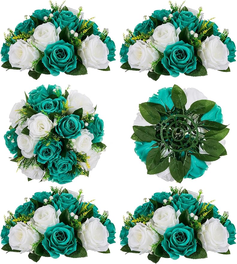 Artificial Flower Balls, Teal and White Silk Roses for Centerpieces