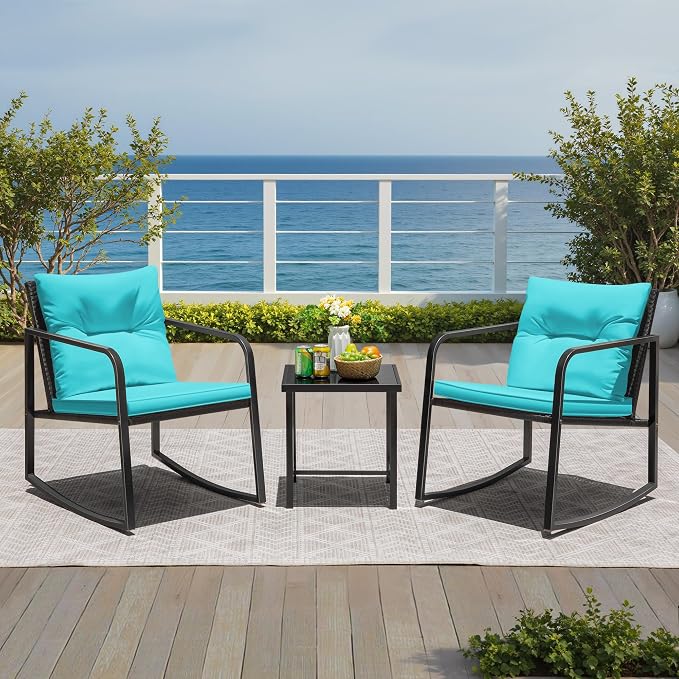 Conversation Set, 3-Piece Blue Rocking Wicker Bistro Set with Glass Table