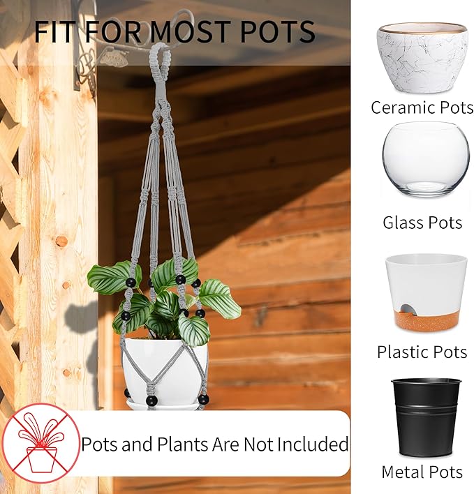 Macrame Plant Hanger - Fits 4 to 15 inches Pots for Indoor Outdoor, 43"/35"/29" Different Sizes Set, Gray (POTS NOT Included)