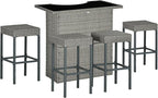 Outsunny 5 Piece Wicker Outdoor Bar Set, High Top Outdoor Table and Chairs, Bar Height Patio Set with Glass Table Top 2 Tier Storage Shelf and 4 Bar Stools for Garden, Poolside, Gray