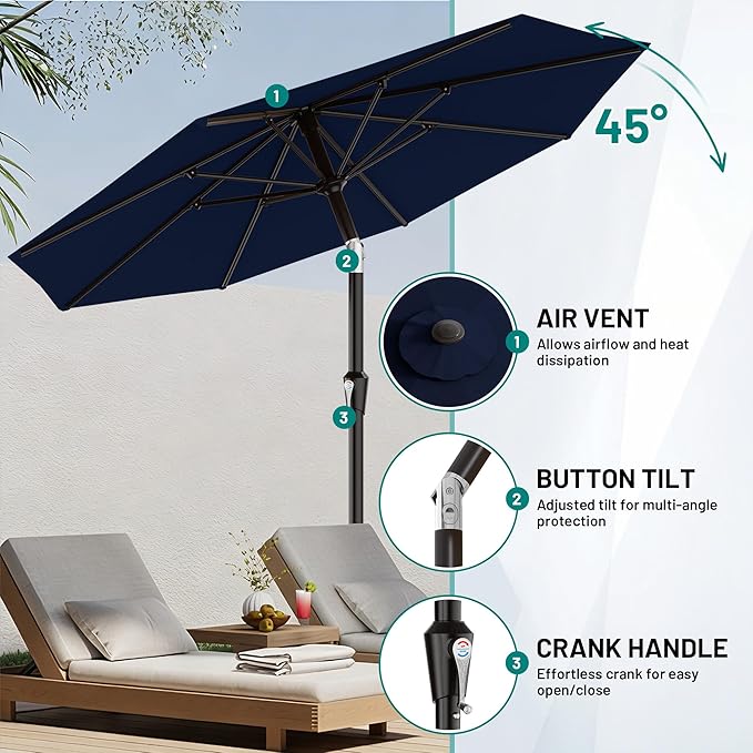 AreShark 9 FT Patio Umbrella for Outdoor, Outdoor Umbrella with Push Button Tilt and Crank, Outdoor Patio Umbrellas with 8 Sturdy Ribs for Market, Garden, Deck, Backyard, Pool (Navy)