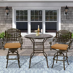 VIVIJASON 3-Piece Patio Swivel Bar Stools Set, All Weather Outdoor Cast Aluminum Bar Height Bistro Set with 2 Cushioned Bar Chairs & 35.4" High Bar Table w/Umbrella Hole for Backyard, Lawn, Garden