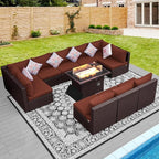 NICESOUL 11 Piece Modern Outdoor Patio Furniture Set with Firepit Propane/Natural Gas, 29.3'' High Back Wicker Conversations, 10 Seater Large Wide Sectional for Outside, Brown Rattan and Red Cushion