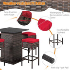 Tangkula 5 Piece Outdoor Rattan Bar Set, Patio Bar Furniture with 4 Cushions Stools and Smooth Top Table with Hidden Storage Shelf, Outdoor Conversation Set for Poolside, Backyard, Lawn (Red)