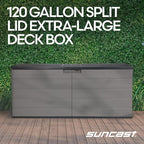 Suncast 120 Gallon Deck Box - Resin Outdoor Storage Box for Patio Cushions, Pool Accessories, & Garden Tools, Lockable Outdoor Storage Bin with Split Lid, Extra Large Dove Gray Outside Container