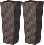 Greesum 24 Inch Tall Plastic Planters (Set of 2), Detachable Inner Pot & Drainage Holes, Outdoor Decorative Flower Pots for Large Plants, Trees, Patio, and Garden, Brown