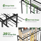 Garden Tool Organizer Rack with Wheels Up to 39 Tools, Heavy-Duty Steel Yard Tool Organizer for Garage Storage with 12 Hooks, Broom Holder & Garden Tool Rack for Shed, Patio, Outdoor Use, Black