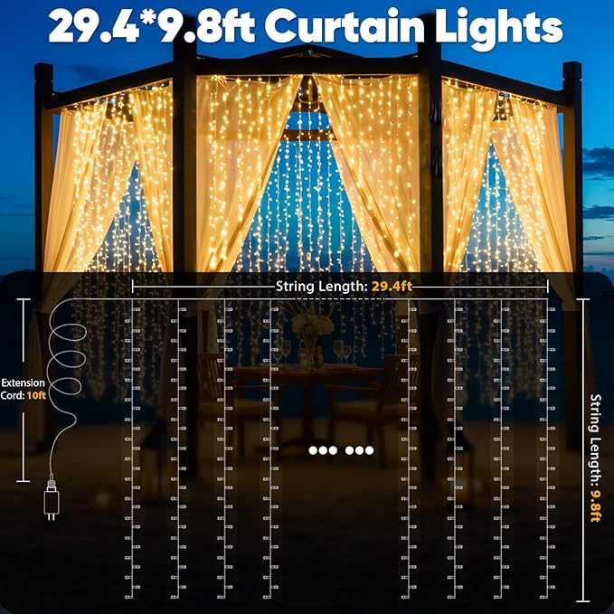 String Curtain Lights, 900 LED, Warm White, 29.5 x 9.8 Ft