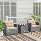 Tangkula 3 Pieces Wicker Patio Furniture Set, Outdoor Rattan Conversation Cushioned Chair Set with Tempered Glass Side Table, for Porch, Balcony and Garden