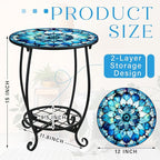 Outdoor Side Table Round Small Mosaic Patio Accent Indoor End Plant Coffee Tea Table for Yard Patio Porch Garden Living Room, Bedroom(Mandala Style,12 Inch)