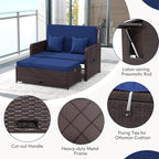 LDAILY Moccha Outdoor Daybed, Wicker Loveseat Sofa Set with 4-Postion Adjustable Backrest, Storage Ottoman, Cushions, Rattan Double Bed Lounger, Patio Furniture Set (Navy)