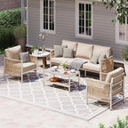 Aluminum Outdoor Patio Furniture Set with Dual-Layer Coffee Table, 4 Piece Modern Patio Conversation Sets with PE Rope, Outdoor Sectional Sofa with Thick Cushions for Balcony, Porch, Beige