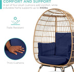 Best Choice Products Wicker Egg Chair, Oversized Indoor Outdoor Lounger for Patio, Backyard, Living Room w/ 4 Cushions, Steel Frame, 440lb Capacity - Navy