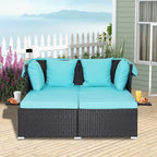 ORALNER Outdoor Daybed, 2-Person Wicker Patio Sofa with Retractable Canopy, Cushions & Pillows, 2 Side Trays, PE Rattan Double Sunbed Lounger for Deck Poolside Backyard Garden Balcony (Turquoise)