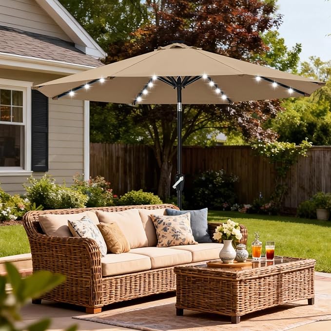 ABCCANOPY Durable Solar Led Patio Umbrellas with 32LED Lights 9FT (khaki)